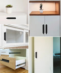 Push Pull Helper Self-Adhesive Cabinet Handles 30 Pack Black ABS Plastic Peel And Stick Drawer Pulls installed on white cabinets and wooden drawers