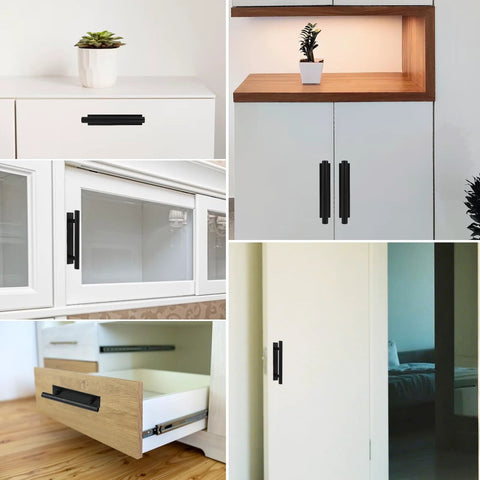 Push Pull Helper Self-Adhesive Cabinet Handles 30 Pack Black ABS Plastic Peel And Stick Drawer Pulls installed on white cabinets and wooden drawers