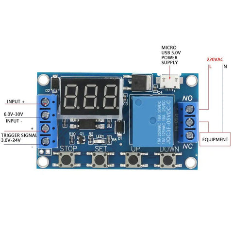 Get In Gear With This Plug And Play Digital Timer Relay Module Featuring A Sharp Led Screen And Dead Simple Settings For Bullseye Timing On Any 6 To 30 Volt Heavy Duty Build, showing LED display and controls.