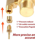 Brass gas regulator kit with three fittings: pressure reducer, air outlet connector, evacuation pagoda
