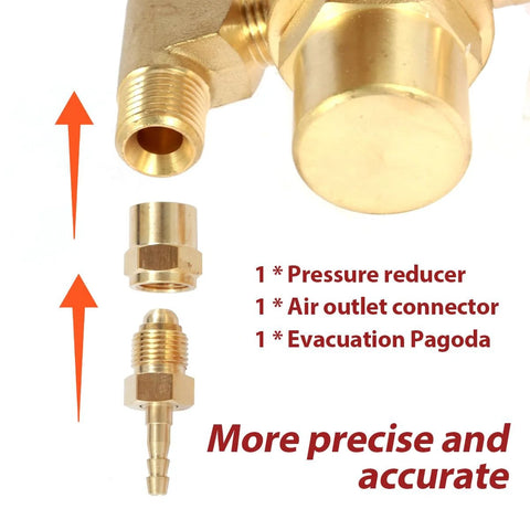 Brass gas regulator kit with three fittings: pressure reducer, air outlet connector, evacuation pagoda