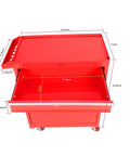 Heavy Duty Steel Rolling Tool Chest With Five Roomy Ball Bearing Drawers And Detachable Worktop dimensions showing red finish and drawer details.