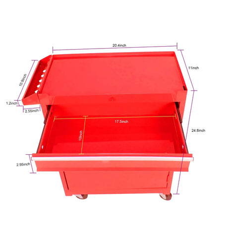 Heavy Duty Steel Rolling Tool Chest With Five Roomy Ball Bearing Drawers And Detachable Worktop dimensions showing red finish and drawer details.