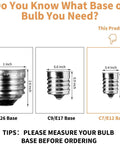 Bulb base size comparison showing E26, C9/E17, and C7/E12 base for Old School Edison G40 Replacement Light Bulbs 5W Clear Globe 1.5 Inch Dimmable Bulbs Fits E12 Candelabra Base For Indoor Outdoor Patio Decor Pack Of 50 Weatherproof
