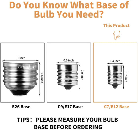 Bulb base size comparison showing E26, C9/E17, and C7/E12 base for Old School Edison G40 Replacement Light Bulbs 5W Clear Globe 1.5 Inch Dimmable Bulbs Fits E12 Candelabra Base For Indoor Outdoor Patio Decor Pack Of 50 Weatherproof