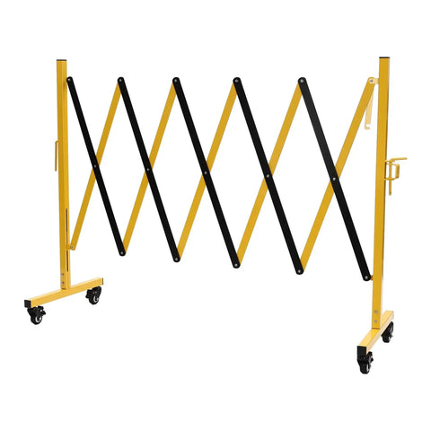 Heavy Duty Yellow And Black Folding Security Gate Built Like A Tank With Top Shelf Craftsmanship Smooth Rolling Casters And Quick Expand Adjustable Scissor Barrier For No Sweat Crowd Control, expanded view.