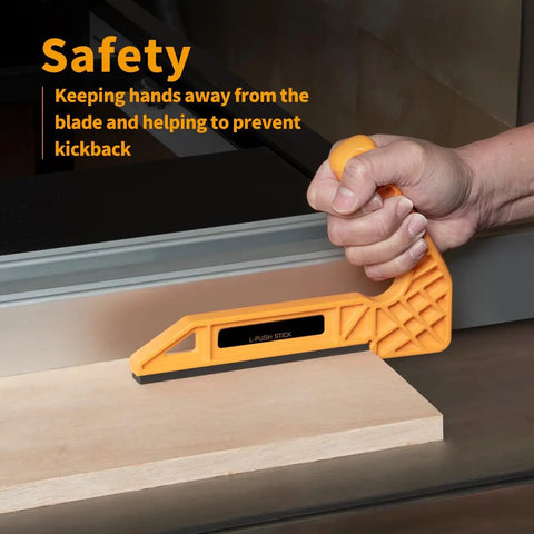 Universal Featherboard Kit With Flex And Miter Lock System Plus Two Deluxe Push Sticks in use on a table saw, enhancing safety.