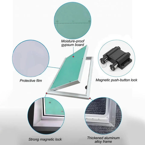 Kick Ass Heavy Duty Aluminum Alloy Wall Access Panel Attic Hatch Door showing features like moisture-proof gypsum board and magnetic lock.