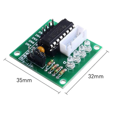 DaFuRui 28BYJ-48 stepper motor driver board with ULN2003, 5V, Arduino-compatible, front view on green PCB