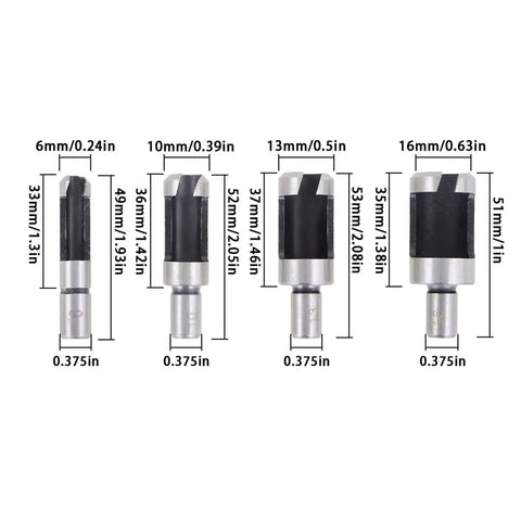 8 Piece Heavy Duty Carbon Steel Wood Plug Cutter Drill Bit Set With Straight And Taper Claw Heads for various sizes.