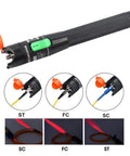 Visual Fault Locator VFL fiber optic tester pen with orange cap, black knurled body, green switch; ST/FC/SC tips