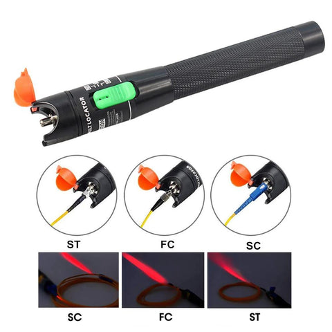 Visual Fault Locator VFL fiber optic tester pen with orange cap, black knurled body, green switch; ST/FC/SC tips