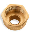 Brass pipe fitting adapter, 1/2 in male x 1 in female, interior threads visible