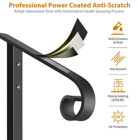 Rock Solid Outdoor Single Post Handrail Wrought Iron Step Railing Black Finish close-up showing anti-scratch coating and strong support details.