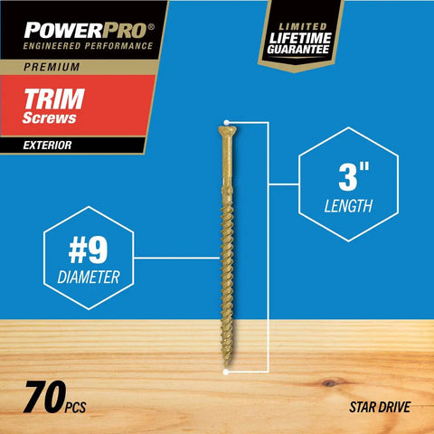 Top Shelf Exterior Trim Screws Nine By Three Inch Bronze Self Drilling Wood Fasteners Deck And Fence Toolkit Seventy Piece Heavy Duty Job Site Ready Hardware displayed on blue background, showcasing #9 diameter, 3 inch length.