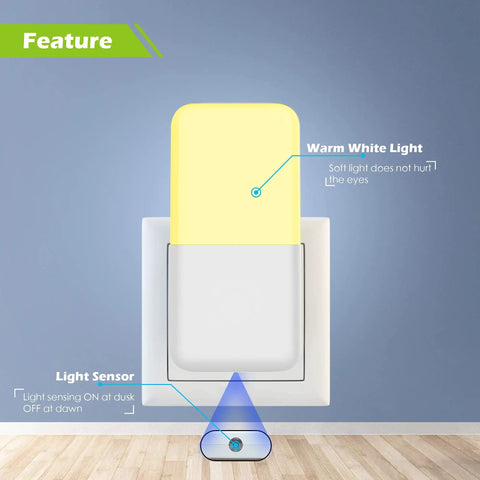 Plug In Night Light With Smart Dusk To Dawn Sensor, warm white LED light highlighting features