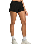 Front view of Womens 2.5 Inch Quick Dry Gym Shorts With High Waist And Zip Pockets Built In Liner Breathable Mesh Panels For Cool Air And Freedom Of Movement Lightweight Running Shorts For Workouts Black XS.