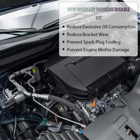 Honda VCM Muzzler Harness Disable Kit for 3.5L V6 Engines installed in vehicle engine bay with list of benefits