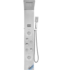 6-Mode Shower Panel System with Rainfall, Waterfall & 4 Body Massage Jets in stainless steel finish, featuring controls and handheld shower.