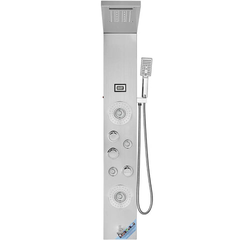 6-Mode Shower Panel System with Rainfall, Waterfall & 4 Body Massage Jets in stainless steel finish, featuring controls and handheld shower.