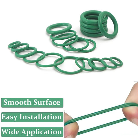 Pro Grade 805 Piece Rubber O Ring Kit with green O-rings for car repairs, plumbing, and various home applications.