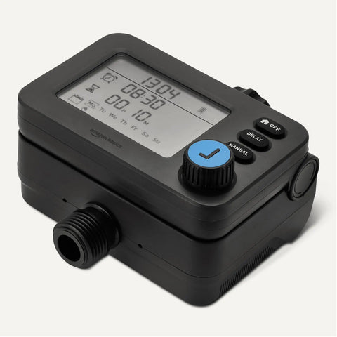 Single Outlet Hose Watering Timer Digital Programmable Controller with display showing schedule settings on black unit