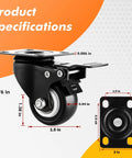 Heavy duty caster wheels with dimensions and dual locking brakes for furniture mobility.