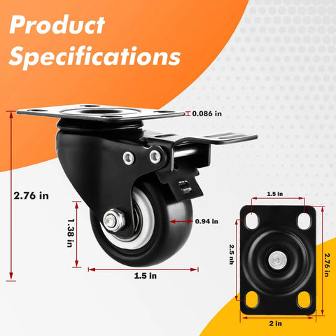 Heavy duty caster wheels with dimensions and dual locking brakes for furniture mobility.