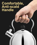Close-up of hand holding Stovetop Whistling Tea Kettle, 2 Quart Stainless Steel Pot For Tea And Coffee Lovers with easy grip handle.