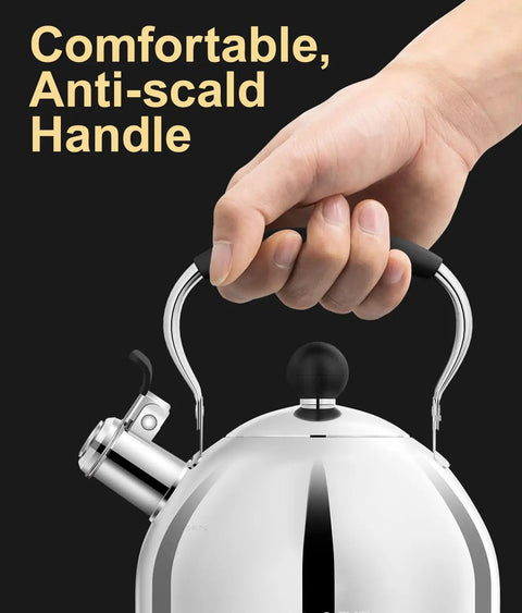 Close-up of hand holding Stovetop Whistling Tea Kettle, 2 Quart Stainless Steel Pot For Tea And Coffee Lovers with easy grip handle.