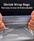 80 Pack Clear Pvc Heat Shrink Wrap Bags 10 By 16 Inches shown being stretched for strength demonstration, durable and unbreakable.