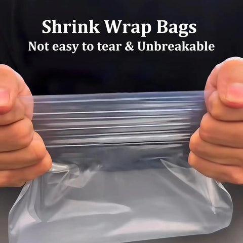 80 Pack Clear Pvc Heat Shrink Wrap Bags 10 By 16 Inches shown being stretched for strength demonstration, durable and unbreakable.