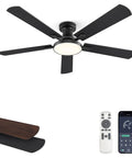 52 Inch Ceiling Fan With Lights Super Easy To Use Low Profile Flush Mount Black 6 Speeds Quiet DC Motor Dimmable 24W LED