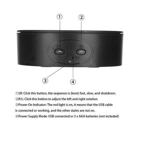 Smooth And Silent 360 Degree Rotating Display Stand controls top view showing USB and rotation buttons for showcasing products.