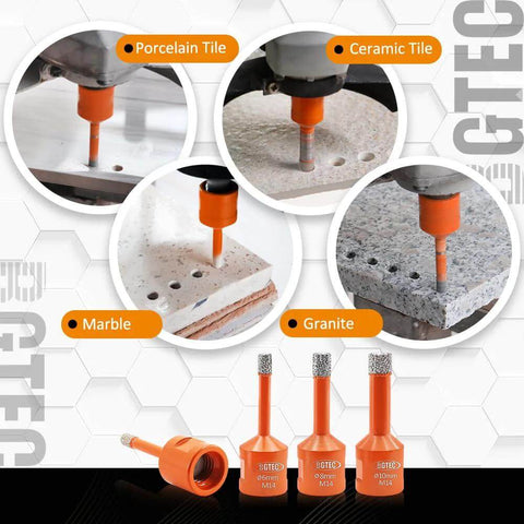 BGTEC dry diamond core drill bits, 3-piece orange set with M14 thread for porcelain, ceramic, marble and granite.