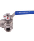 3-Way Ball Valve With T Mounting Pad Stainless 304 Heavy Duty, Female Half Inch NPT, Vinyl Locking Handle, Side View
