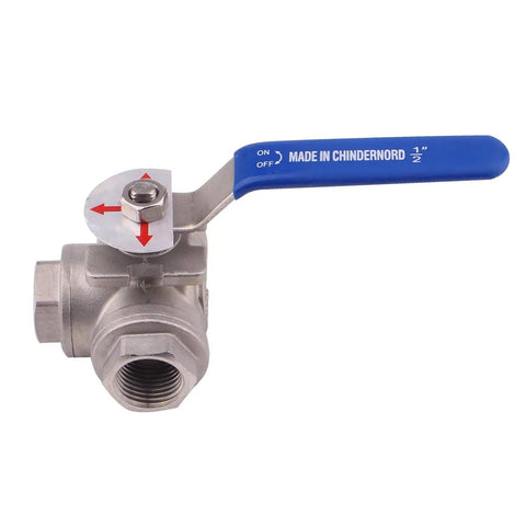 3-Way Ball Valve With T Mounting Pad Stainless 304 Heavy Duty, Female Half Inch NPT, Vinyl Locking Handle, Side View