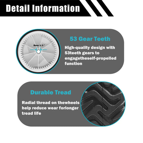 Detail view of 53-tooth gears and tread on 8 Inch Front Drive Wheel Set For Toro 22 Inch Recycler Self Propelled Lawn Mower Replacement 105-1815 Gear Assembly Compatible With Toro Models 20016 20065 20005 And More Two Pack