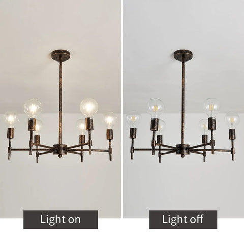Six Light Bronze Sputnik Chandelier With Industrial Modern Matte Finish Semi Flush Mount Ceiling Light Fixture For Farmhouse Kitchen Bedroom Dining Room Living Room E26 Base shown with lights on and off