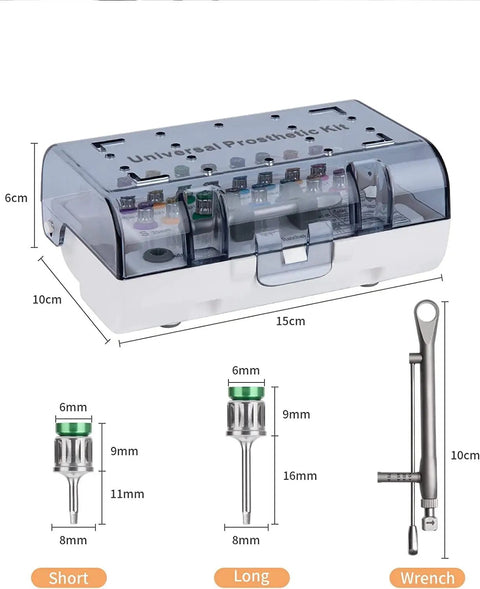 Colorful All In One Universal Implant Torque Wrench Kit With Ratchet, Pro Grade 10 To 70 Ncm, dimensions, stainless steel tools shown