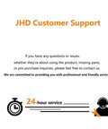 Text reading 'JHD Customer Support' with symbols of stopwatch and headset, offering 24-hour service and professional assistance.
