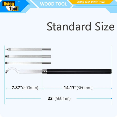 Carbide Tipped Wood Turning Tools Set For Lathe With Swan Neck Hollower Rougher Finisher Detailer And Interchangeable Aluminum Grip Handles With Diamond Carbide Inserts For Pro Grade Smooth Clean Cuts AT04 showing four components with measurements.