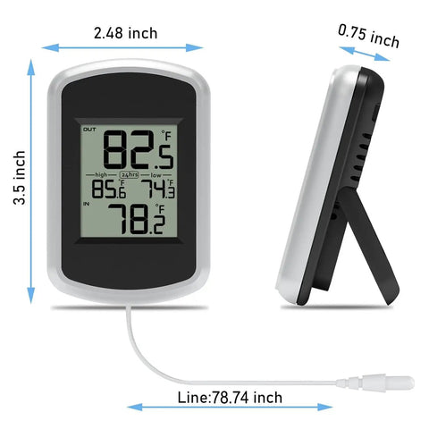 Wired Indoor Outdoor Thermometer With 2.1 Inch Display, 78.74 Inch Waterproof Probe, Fahrenheit Only, Real Time Indoor Outdoor Temp Monitor, Min Max Records, Easy Setup For Home Porch Or Garage, black with stand