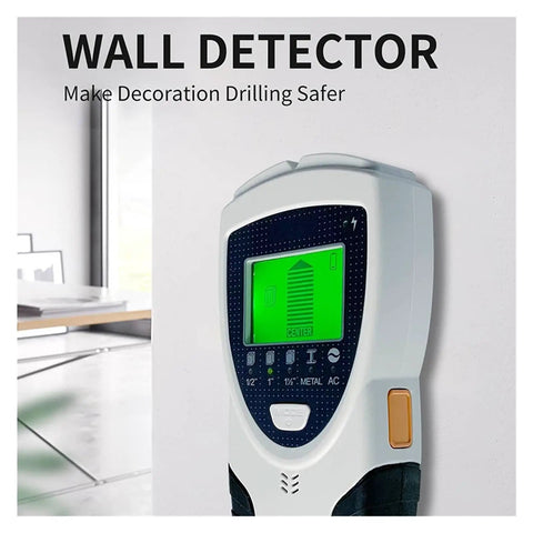 Gold Detector, SH201 Metal Detector Stud Finder Wall Scanner LCD Display for Treasure Hunts device showing LCD screen on wall.