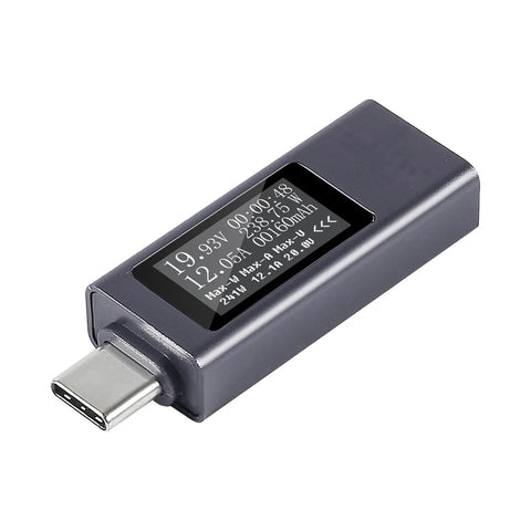 Type C Power Meter USB C Tester with LCD Display Digital Multimeter showing voltage and current readings for chargers and devices.