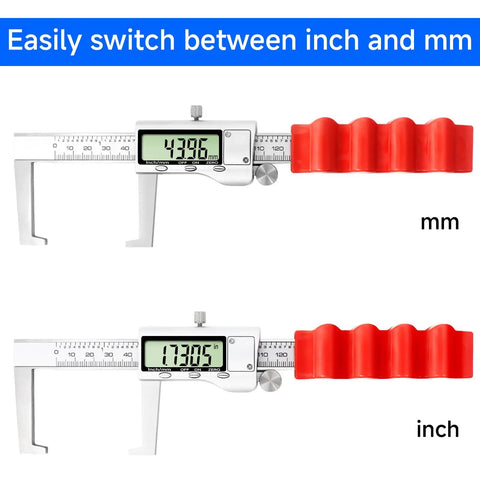 Digital Outside Caliper For Disc Brakes With Inch And Metric Conversion with red handle showing mm and inch readings.