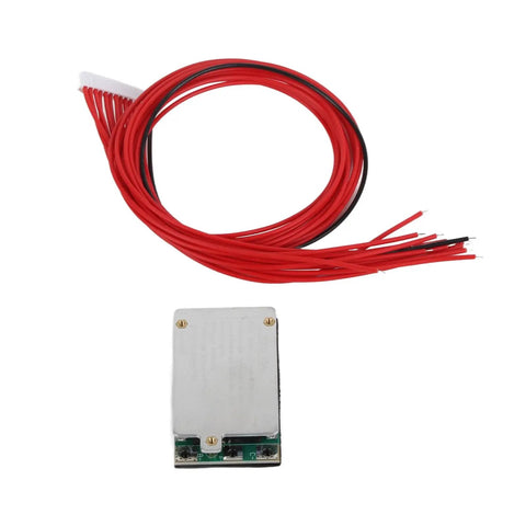 Beefy 13S 48V Lithium Battery Management Board With Smart Cell Balancing And No Sweat Short Circuit Breaker for E Bikes, showing the board and red wiring.