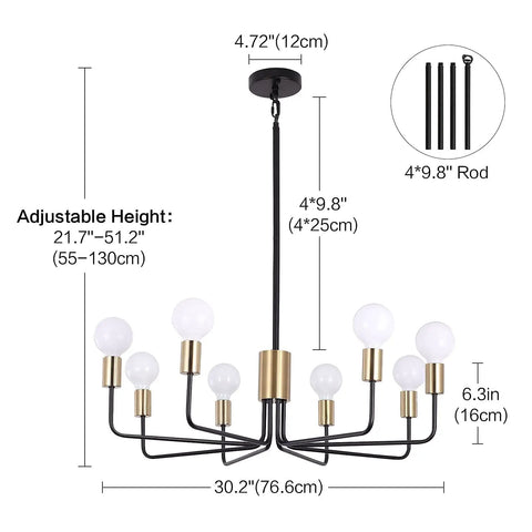 Dimensions of 8 Light Sputnik Chandelier Pendant Lighting Fixture In Gold And Black with adjustable height rods.