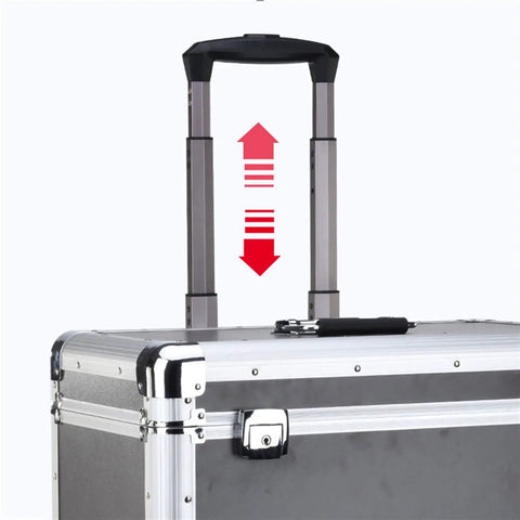 Heavy Duty Tool Box On Wheels With Locking Telescopic Handle Large Capacity Organizer For Nuts Bolts Screws And Small Hardware Aluminum Alloy Storage Chest Built For The Job Site. Close-up of the telescopic handle extended.