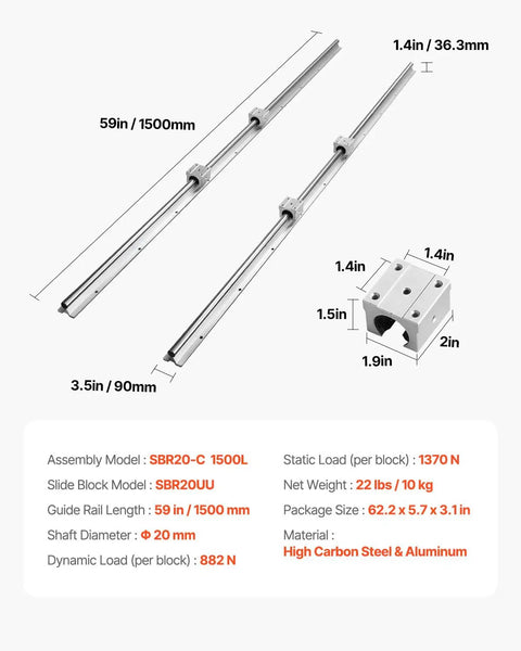 Diagram of SBR20 1500mm Linear Guide Rail Kit with 4 SBR20UU Bearing Blocks for CNC Machines, showing dimensions and specifications
